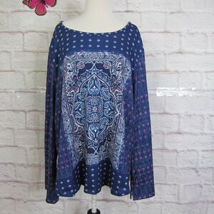 Weekend Suzanne Betro Plus 4X Tunic Top Blouse Blue Mandala Print Long Sleeve